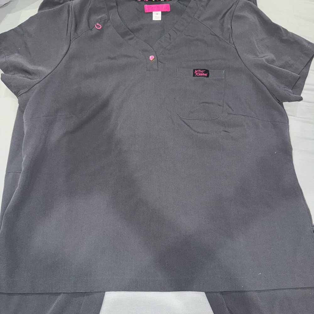 Betsey Johnson Gray Scrub Top and straight leg bottoms with Pink Accents